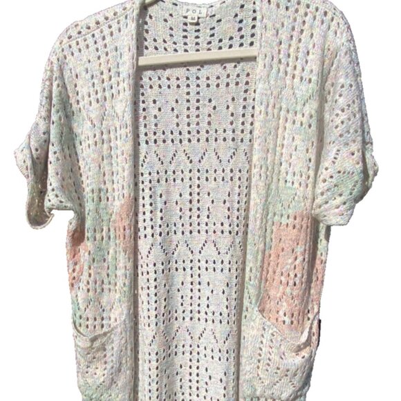POL Boho Knit Open Front Short Sleeve Cardigan Sweater Pastel Sz M Crochet Beach - Picture 4 of 13